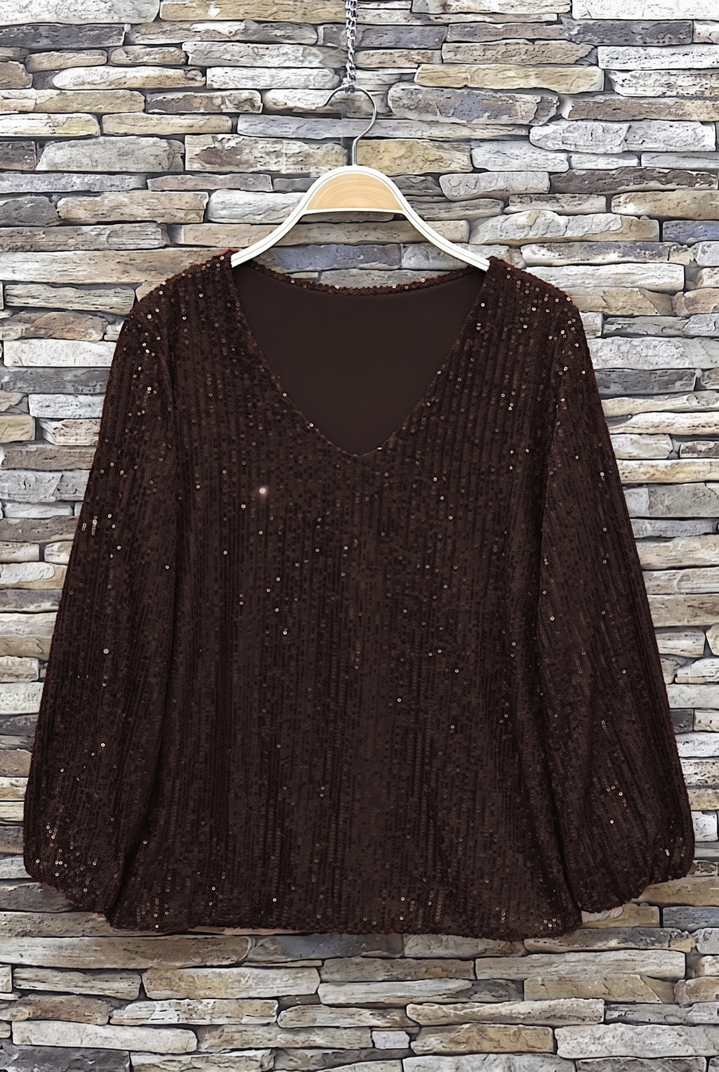 ES164 Dark Brown Sequin V-Neck Top