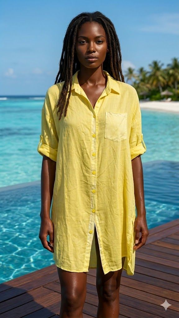 CACBDSY Italian OS Yellow Cotton Button-Down Shirt Dress