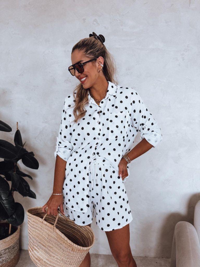 SWPDSWH Gauze Cotton Polka Dot Shirt and Shorts Set White