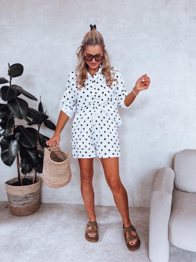 SWPDSWH Gauze Cotton Polka Dot Shirt and Shorts Set White