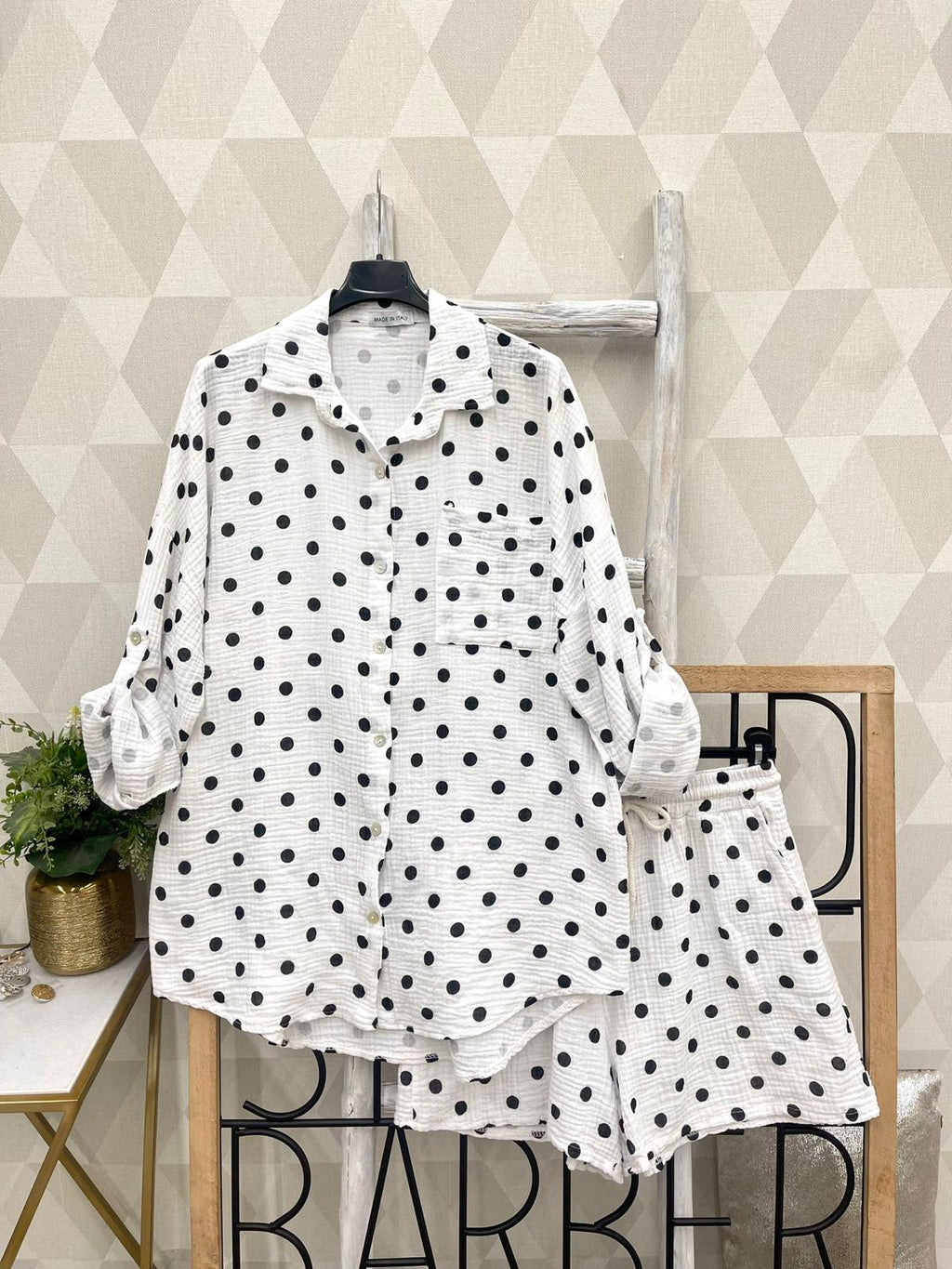 SWPDSWH Gauze Cotton Polka Dot Shirt and Shorts Set White