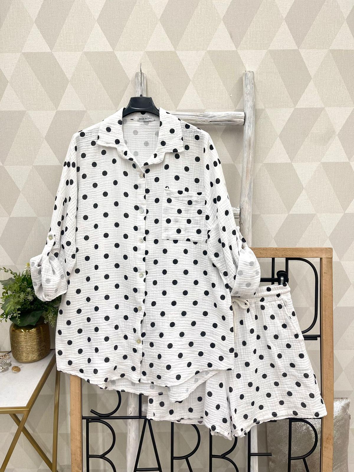 SWPDSWH Gauze Cotton Polka Dot Shirt and Shorts Set White