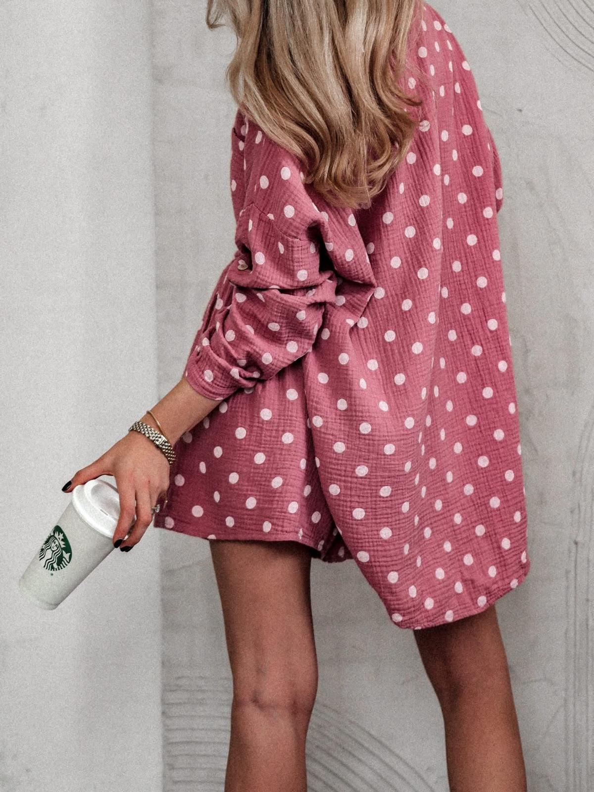 SWPDSPK Gauze Cotton Polka Dot Shirt and Shorts Set Pink