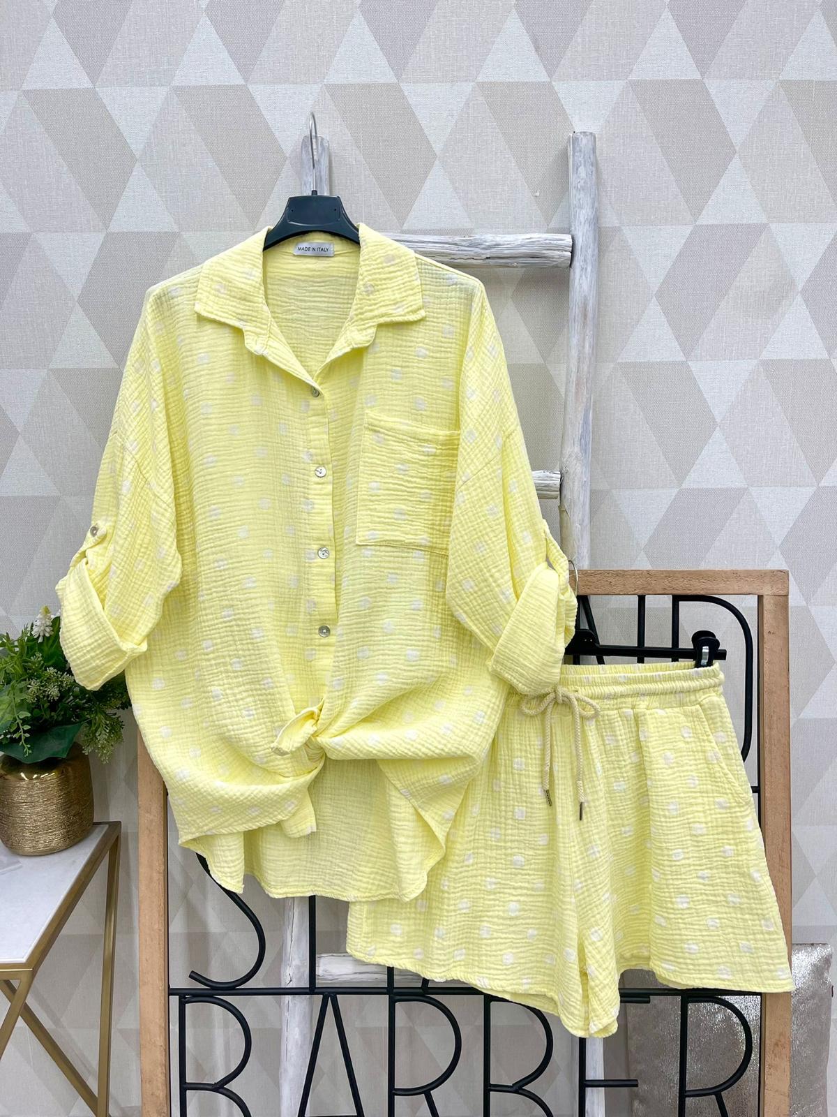 SWPDSYE Gauze Cotton Polka Dot Shirt and Shorts Set Yellow