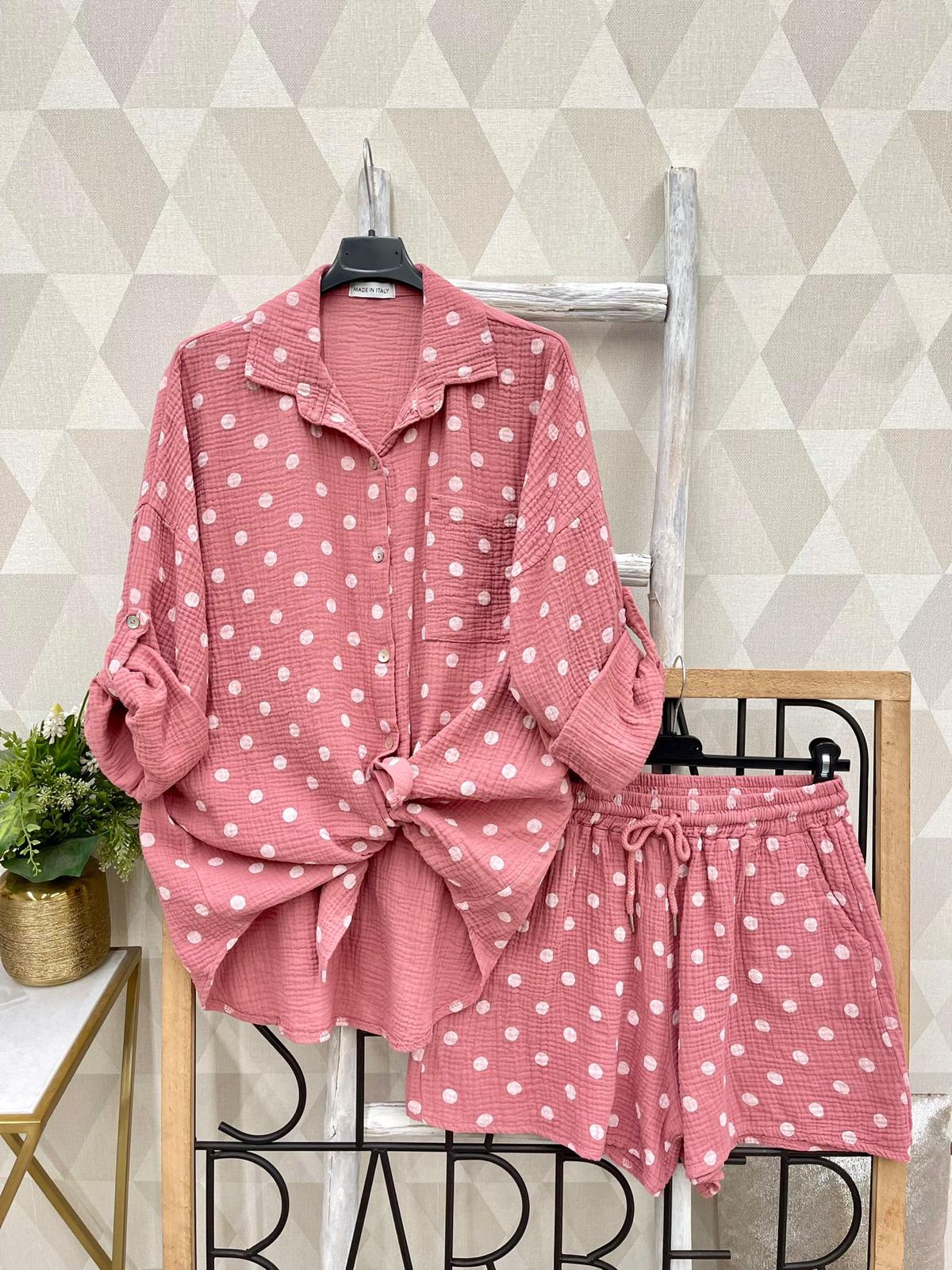 SWPDSPK Gauze Cotton Polka Dot Shirt and Shorts Set Pink