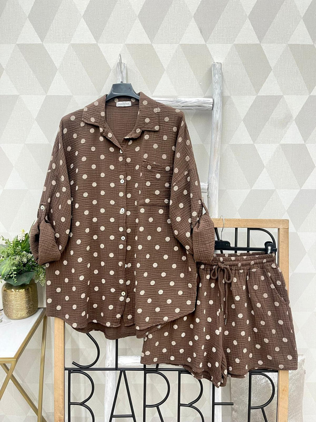 SWPDSBR Gauze Cotton Polka Dot Shirt and Shorts Set Brown