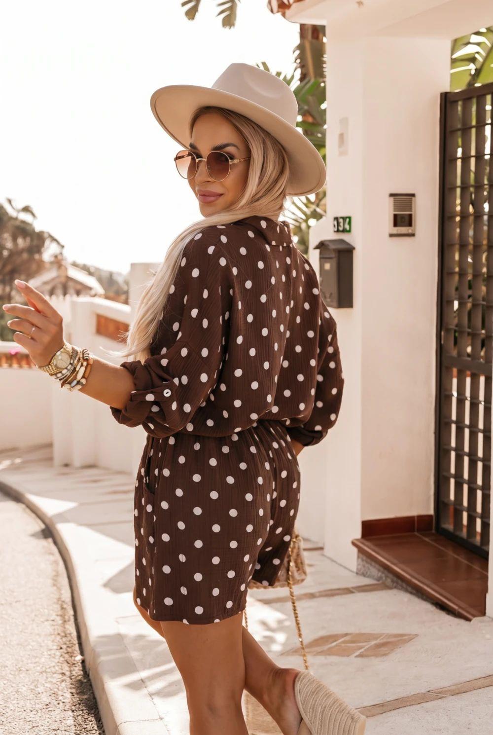 SWPDSBR Gauze Cotton Polka Dot Shirt and Shorts Set Brown