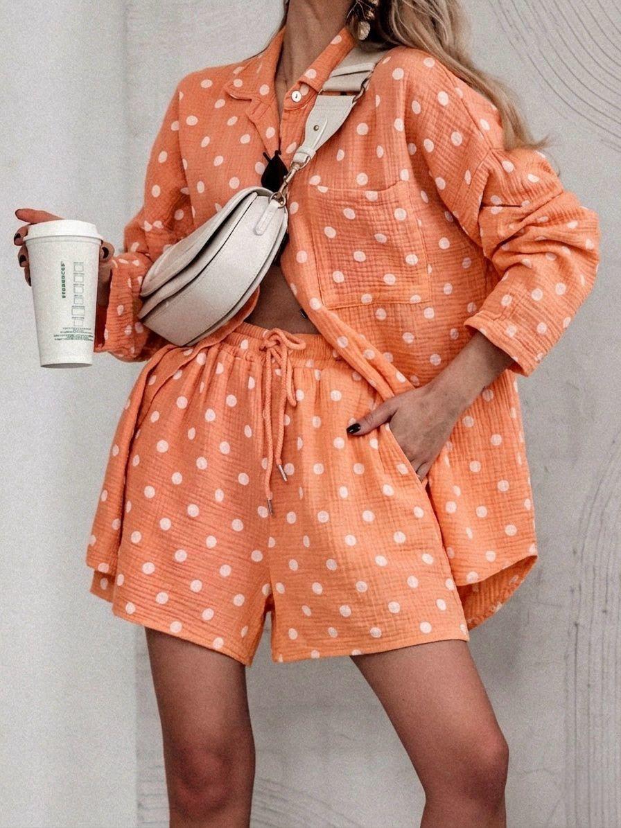 SWPDSOR Gauze Cotton Polka Dot Shirt and Shorts Set Orange
