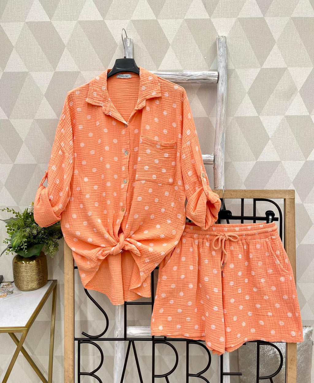 SWPDSOR Gauze Cotton Polka Dot Shirt and Shorts Set Orange