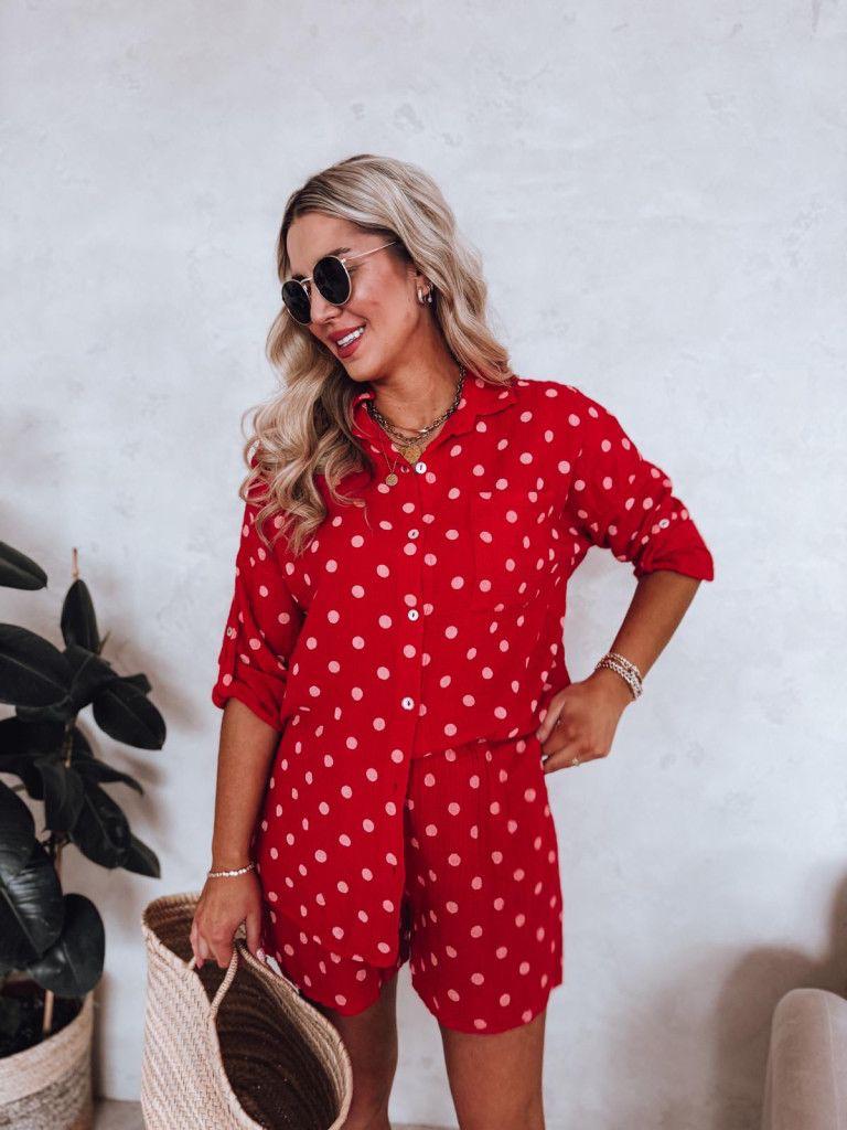 SWPDSRD Gauze Cotton Polka Dot Shirt and Shorts Set Red