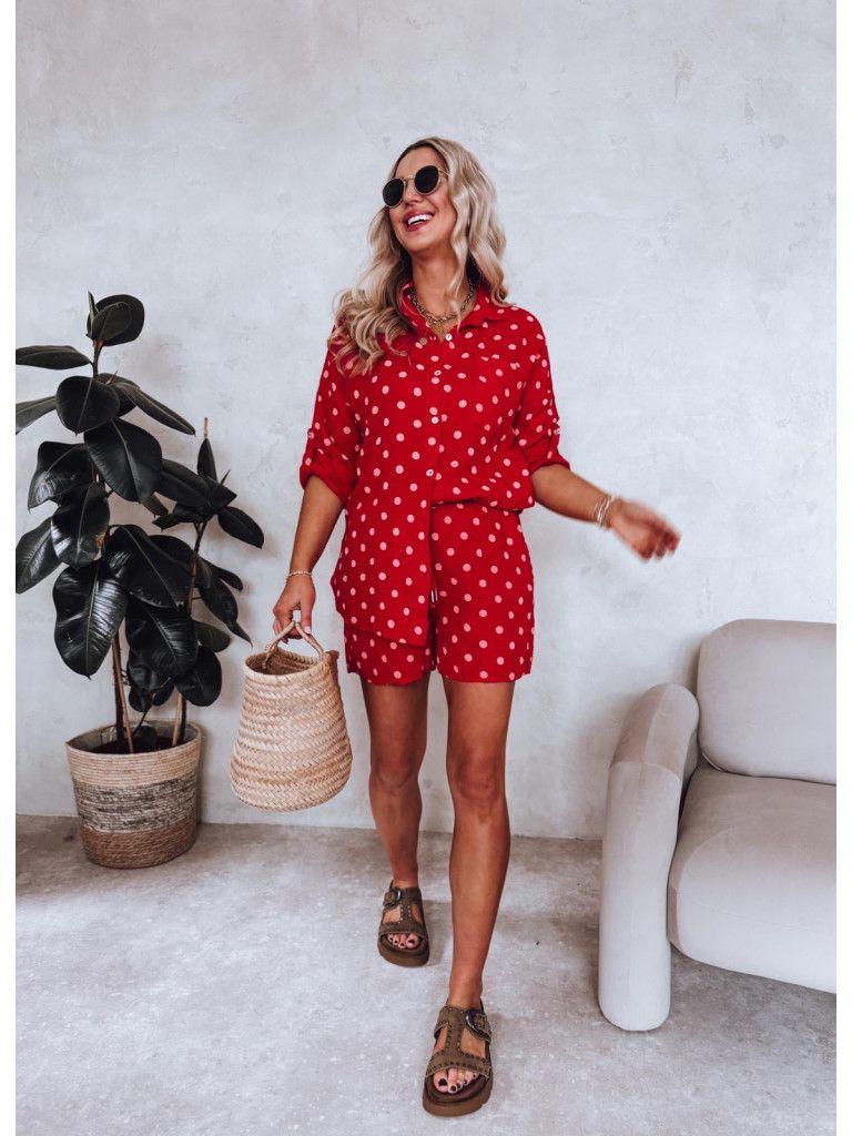 SWPDSRD Gauze Cotton Polka Dot Shirt and Shorts Set Red