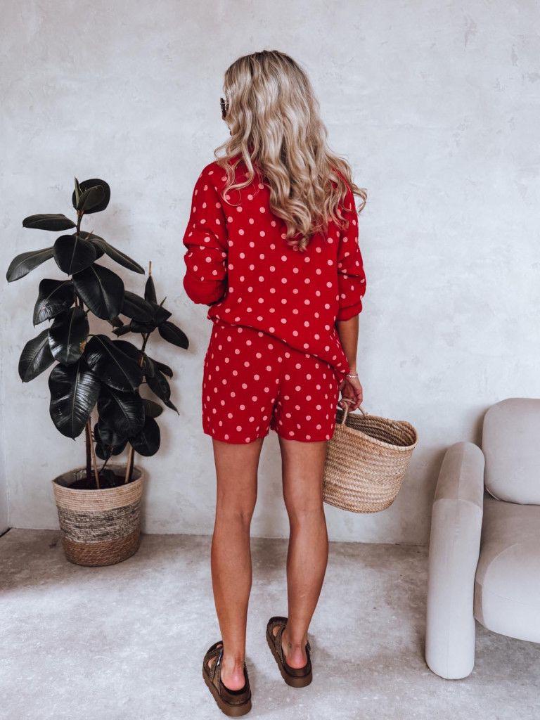 SWPDSRD Gauze Cotton Polka Dot Shirt and Shorts Set Red
