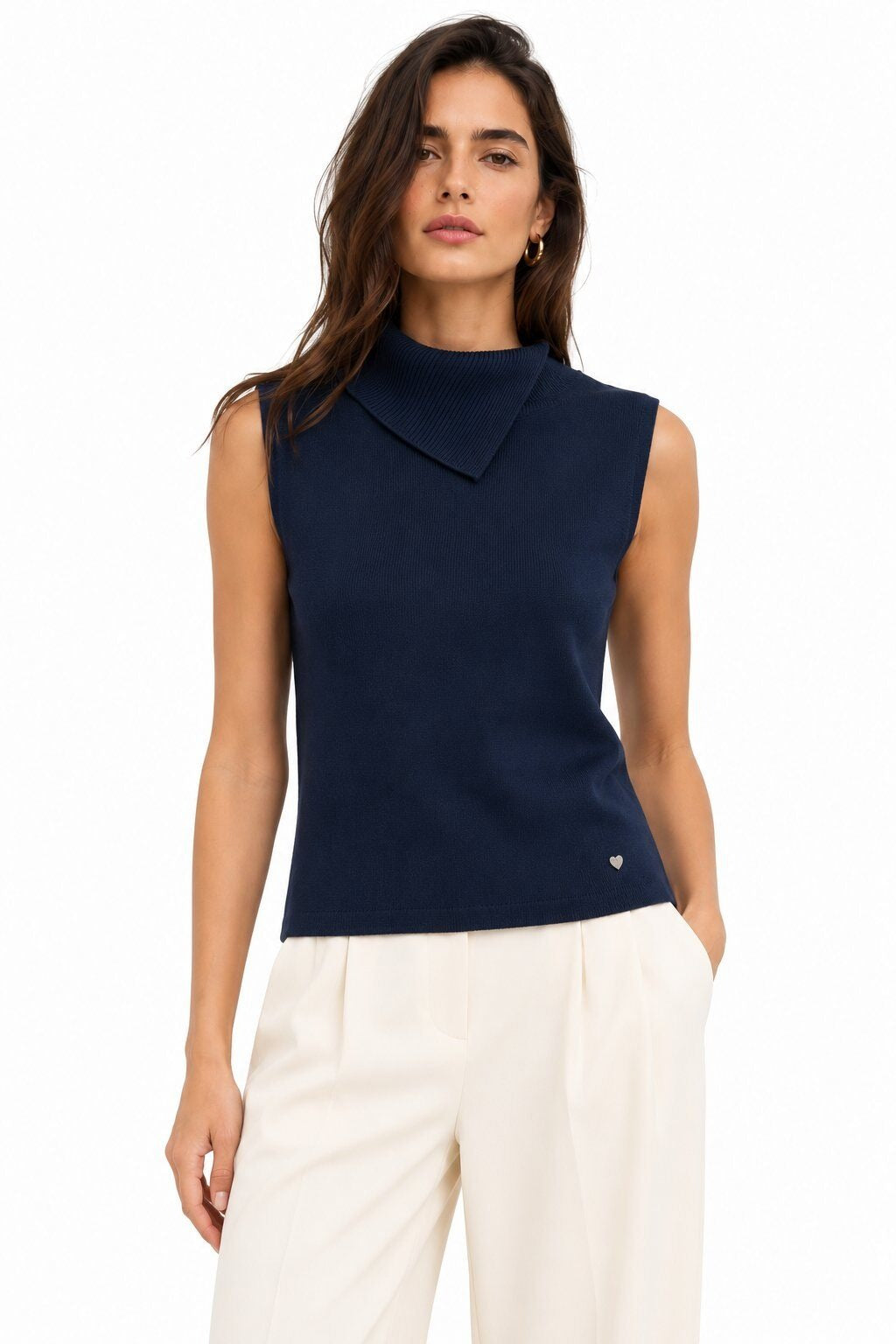 LUACT11 Navy Asymmetric Collar Top