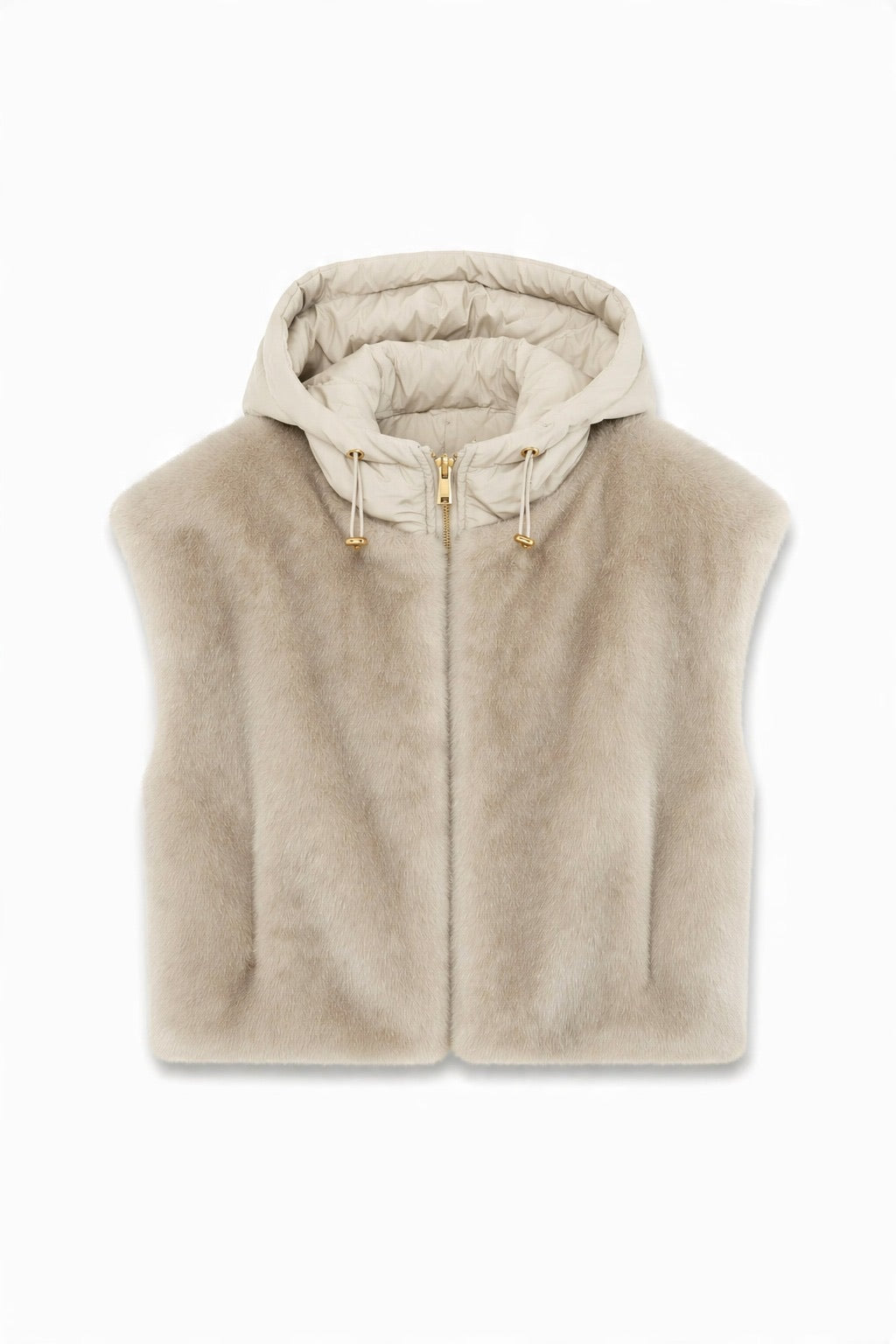 JA79 Beige Reversible Hooded Faux Fur Vest