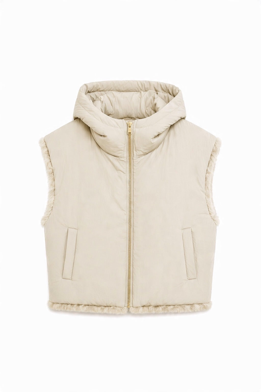 JA79 Beige Reversible Hooded Faux Fur Vest