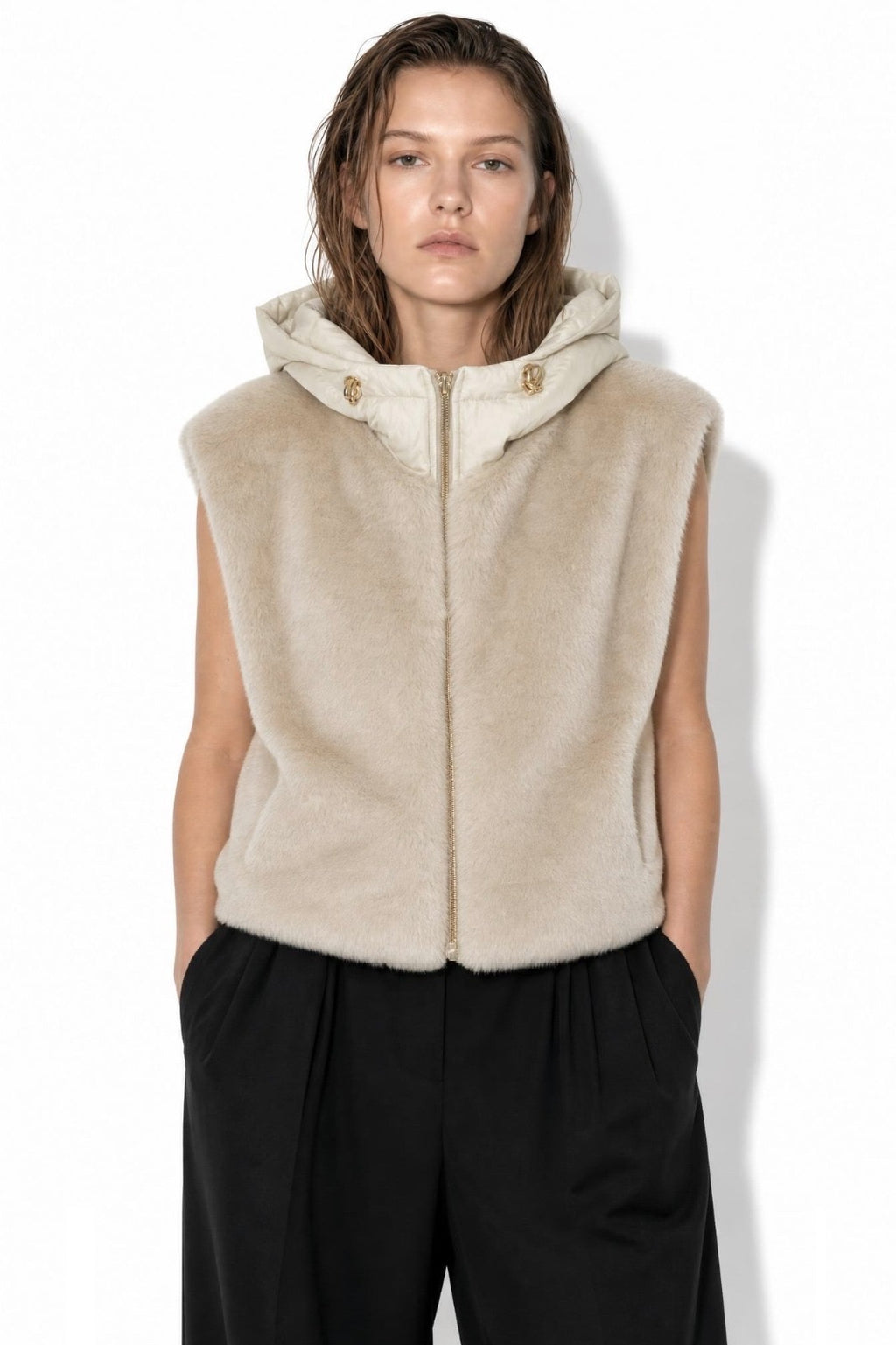 JA79 Beige Reversible Hooded Faux Fur Vest