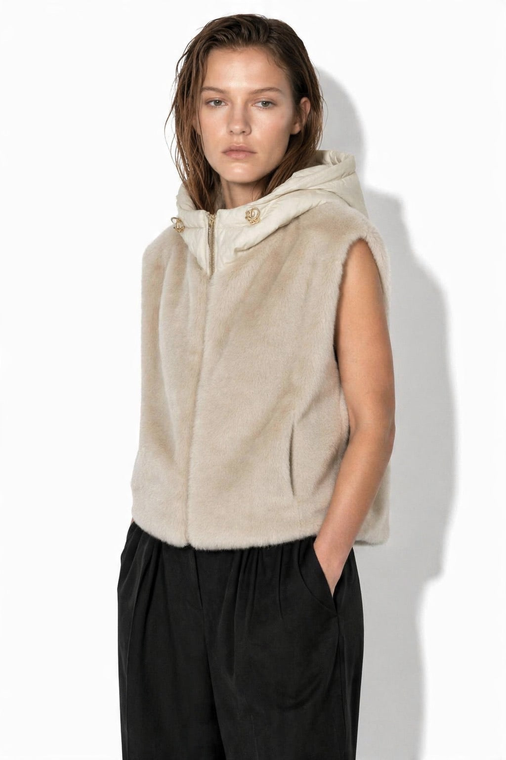 JA79 Beige Reversible Hooded Faux Fur Vest