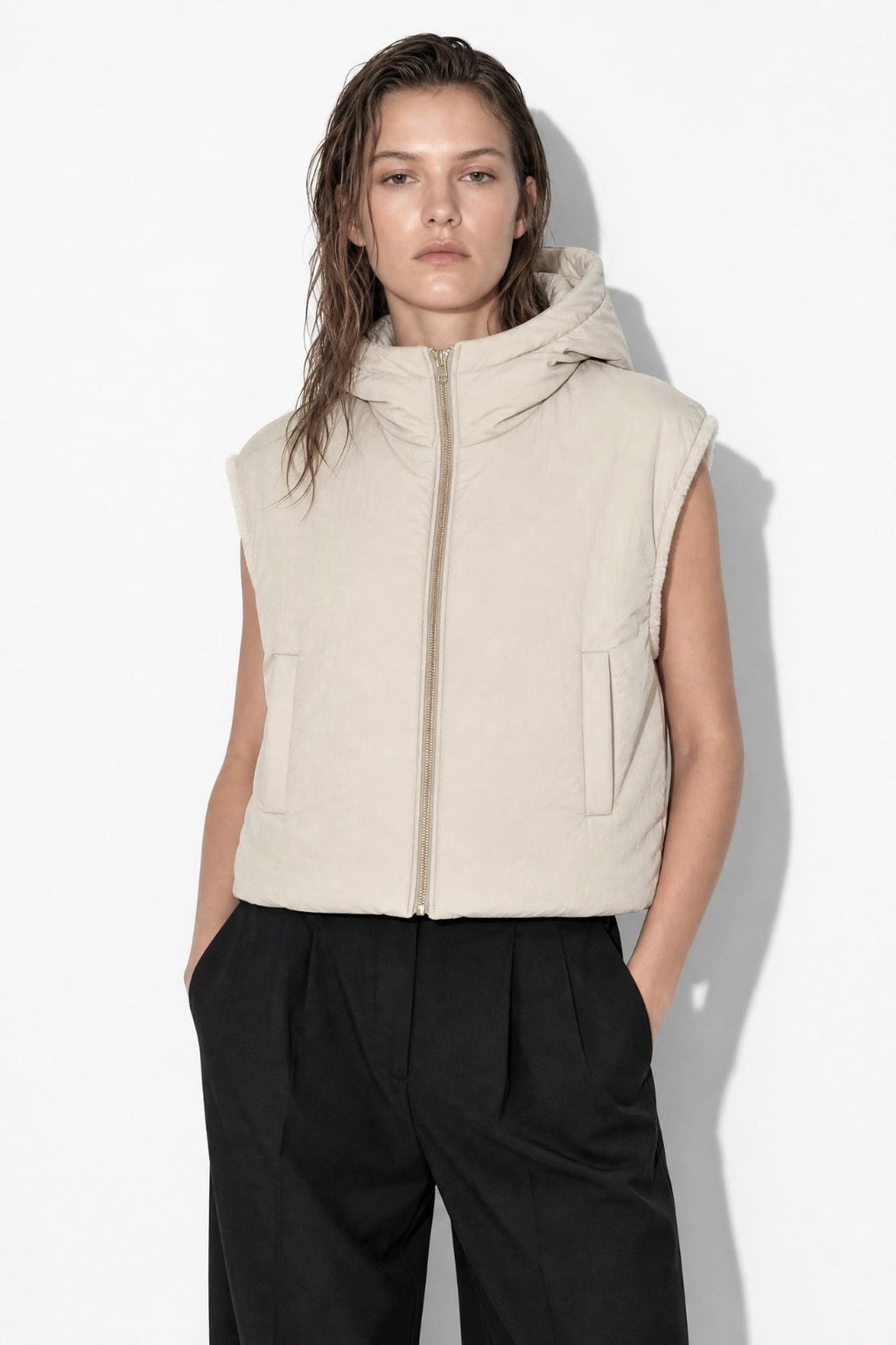 JA79 Beige Reversible Hooded Faux Fur Vest
