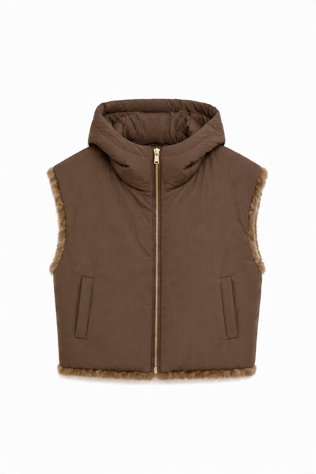 JA80 Taupe Reversible Hooded Faux Fur Vest