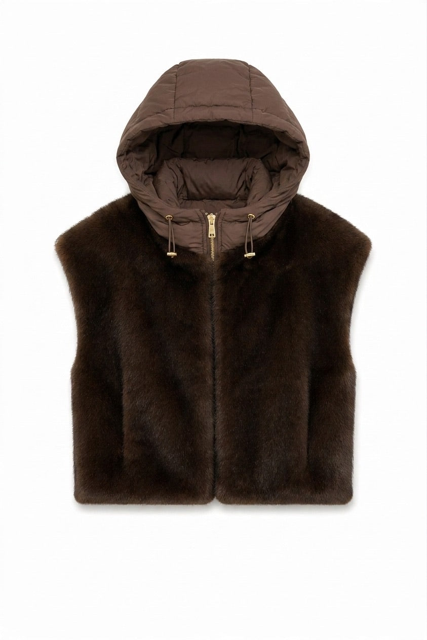 JA81 Brown Reversible Hooded Faux Fur Vest