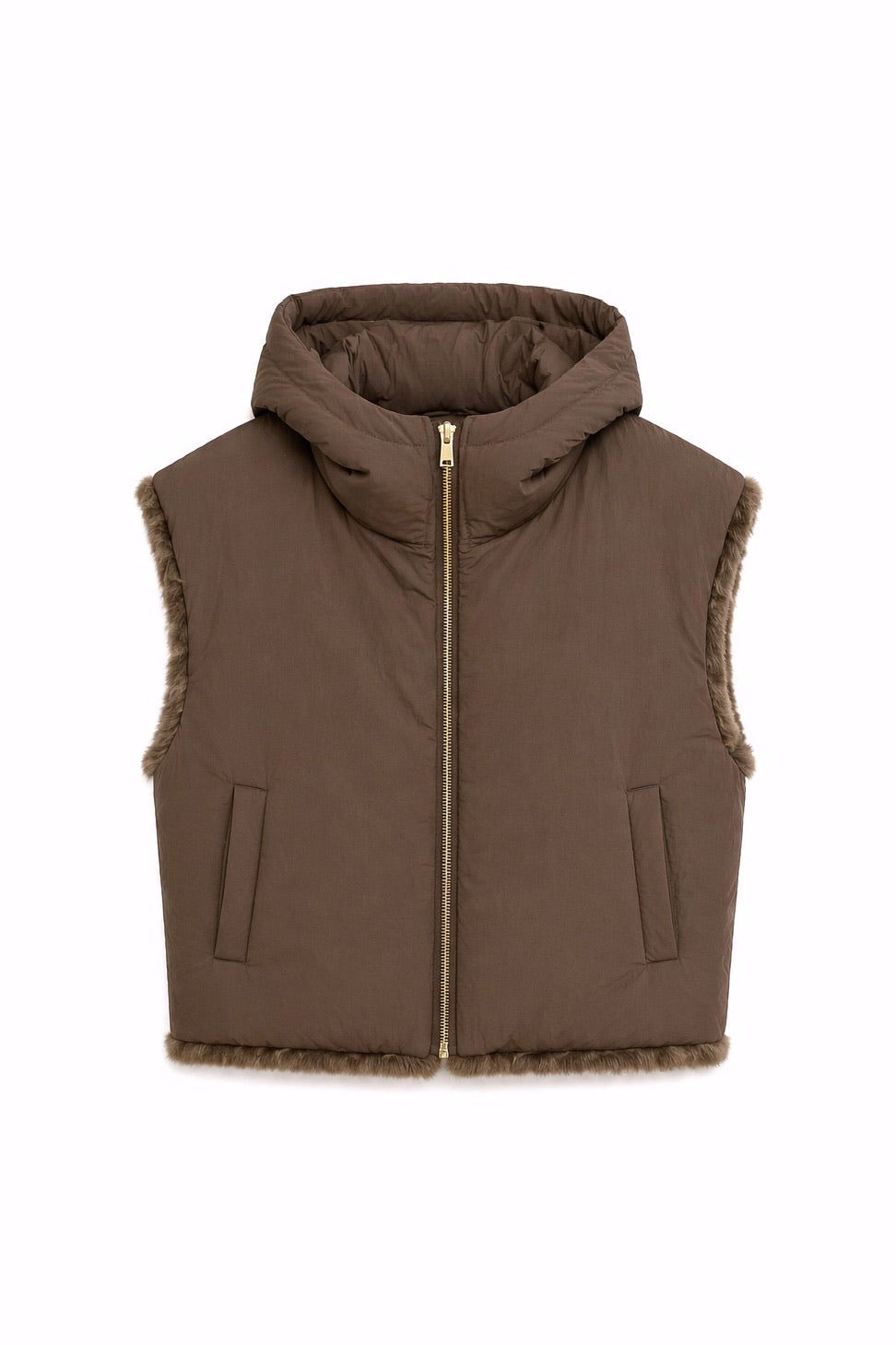 JA81 Brown Reversible Hooded Faux Fur Vest