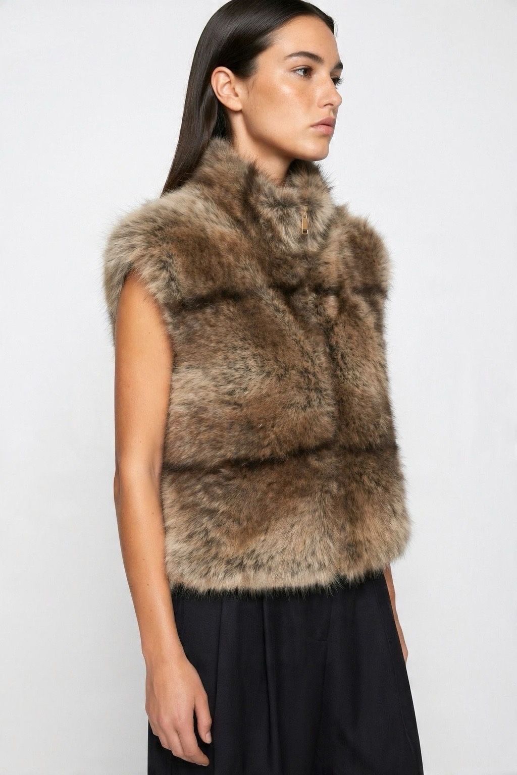 JA82 Taupe Tiered Faux Fur Vest
