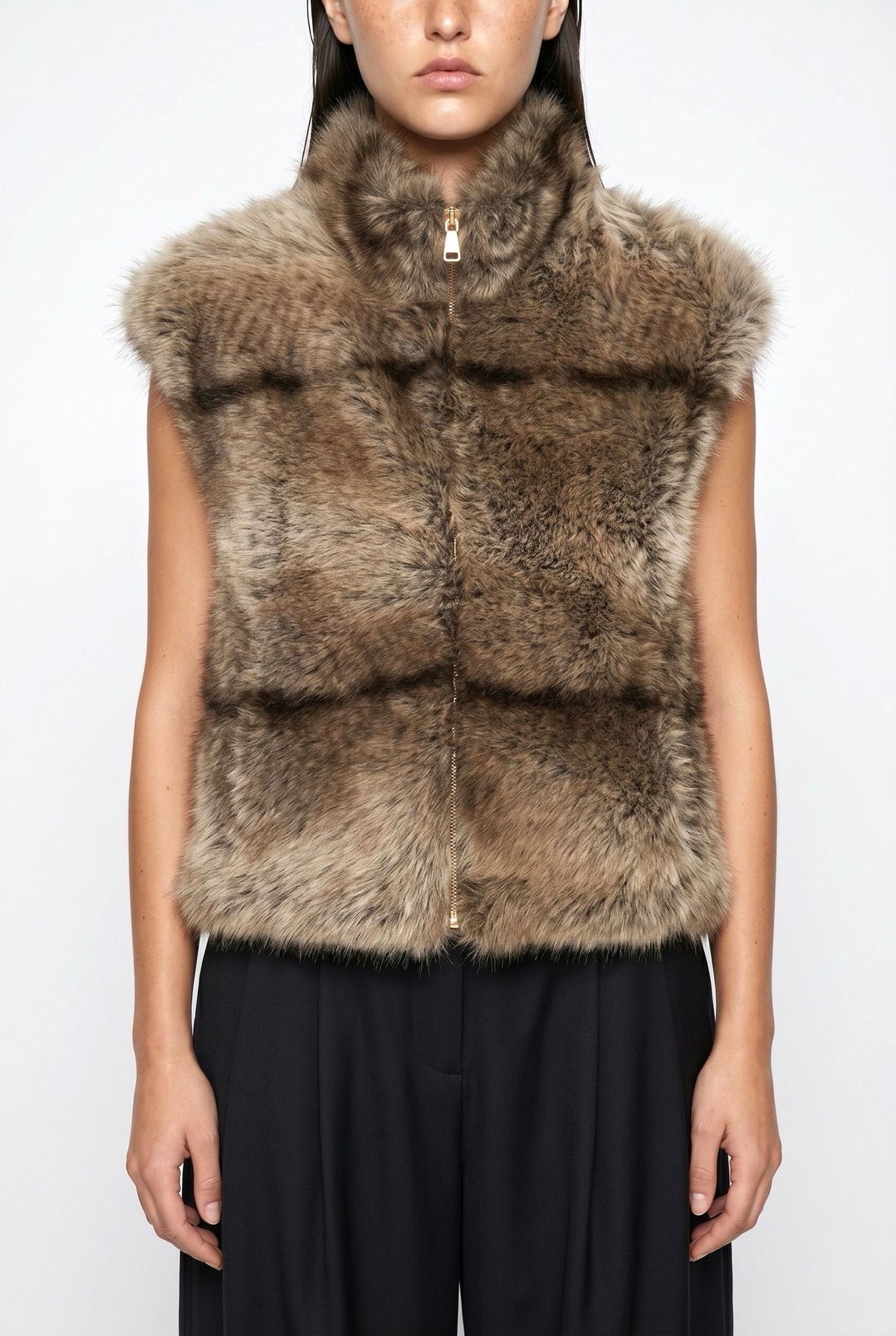 JA82 Taupe Tiered Faux Fur Vest