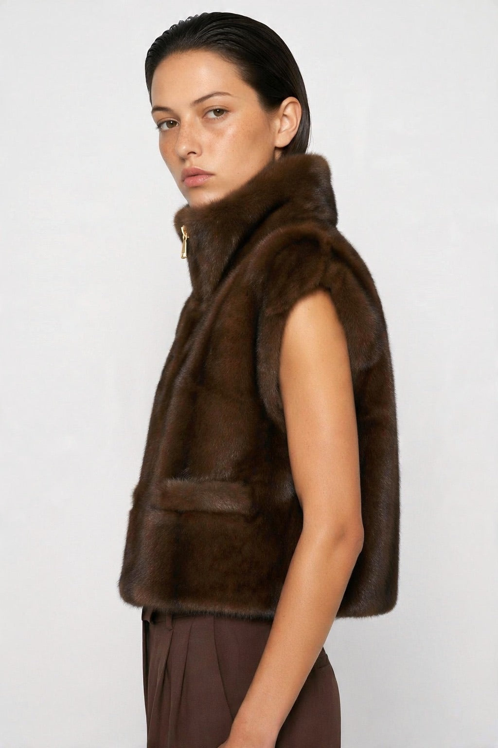 JA34 Light Brown Faux Fur Pocket Vest