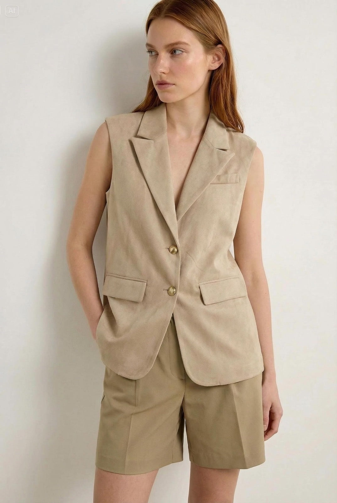 JA85 Beige Faux Suede Tailored Vest