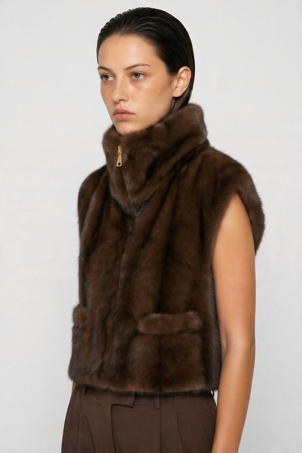 JA34 Light Brown Faux Fur Pocket Vest