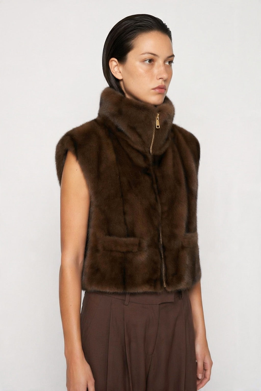 JA34 Light Brown Faux Fur Pocket Vest