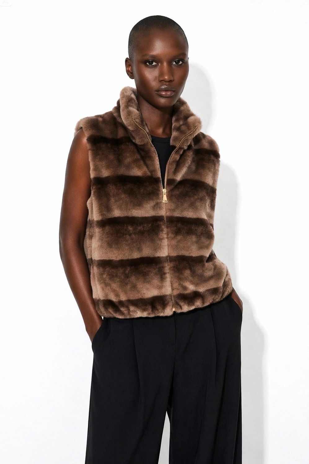 JA99 Taupe Striped Faux Fur Vest