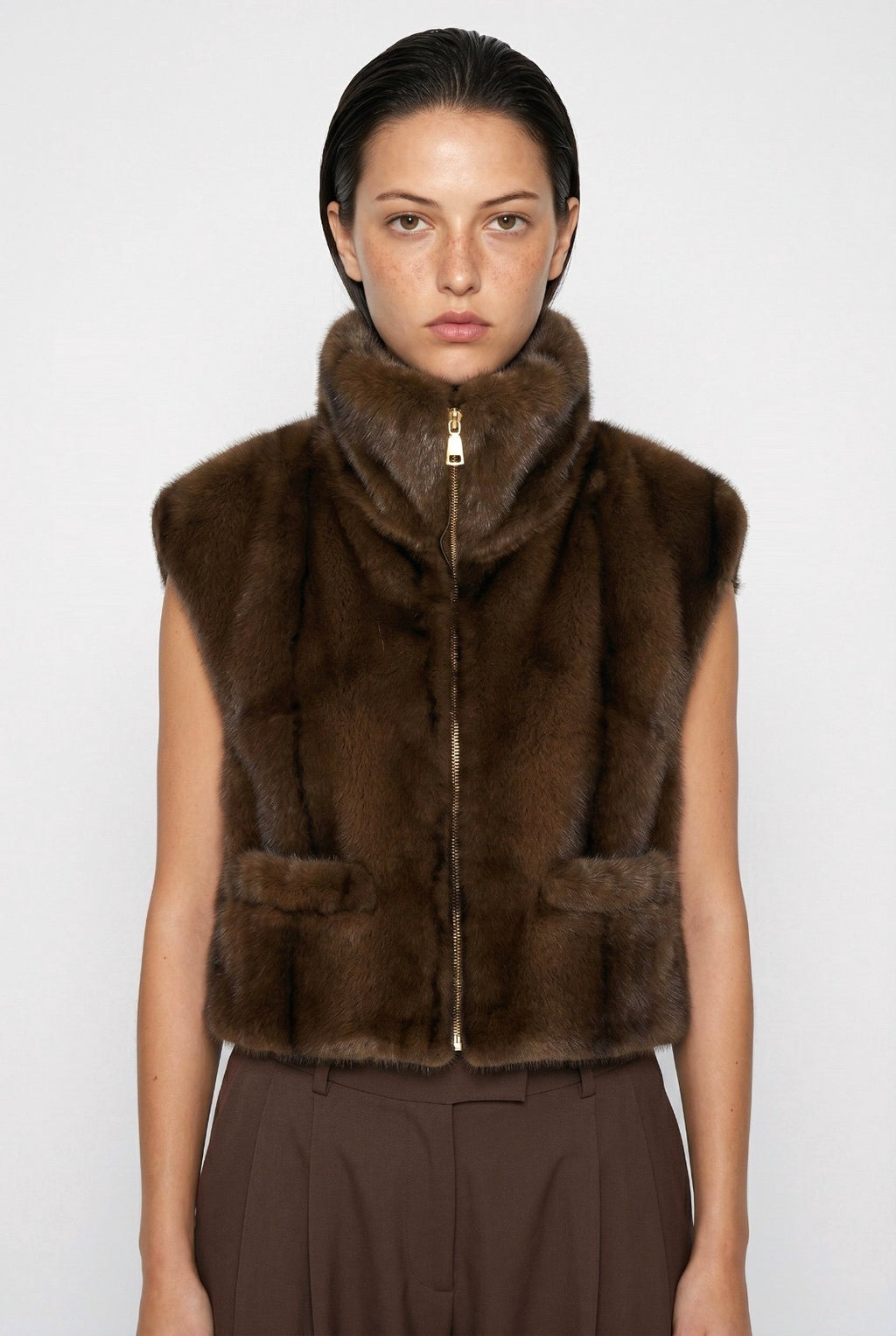 JA34 Light Brown Faux Fur Pocket Vest