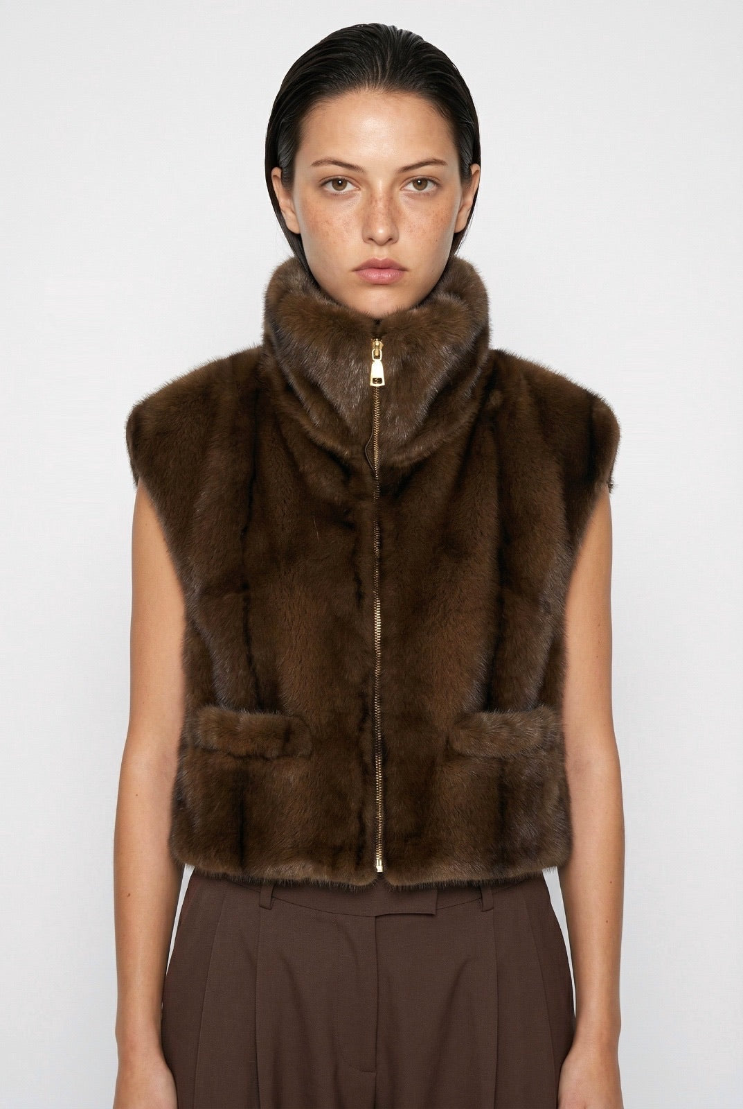 JA34 Light Brown Faux Fur Pocket Vest