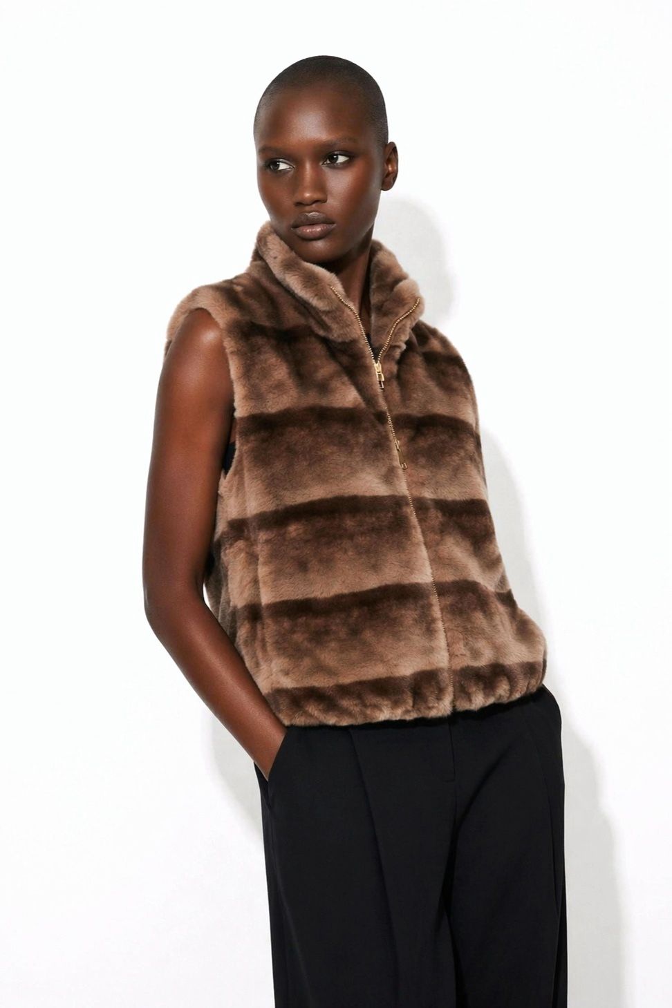 JA99 Taupe Striped Faux Fur Vest