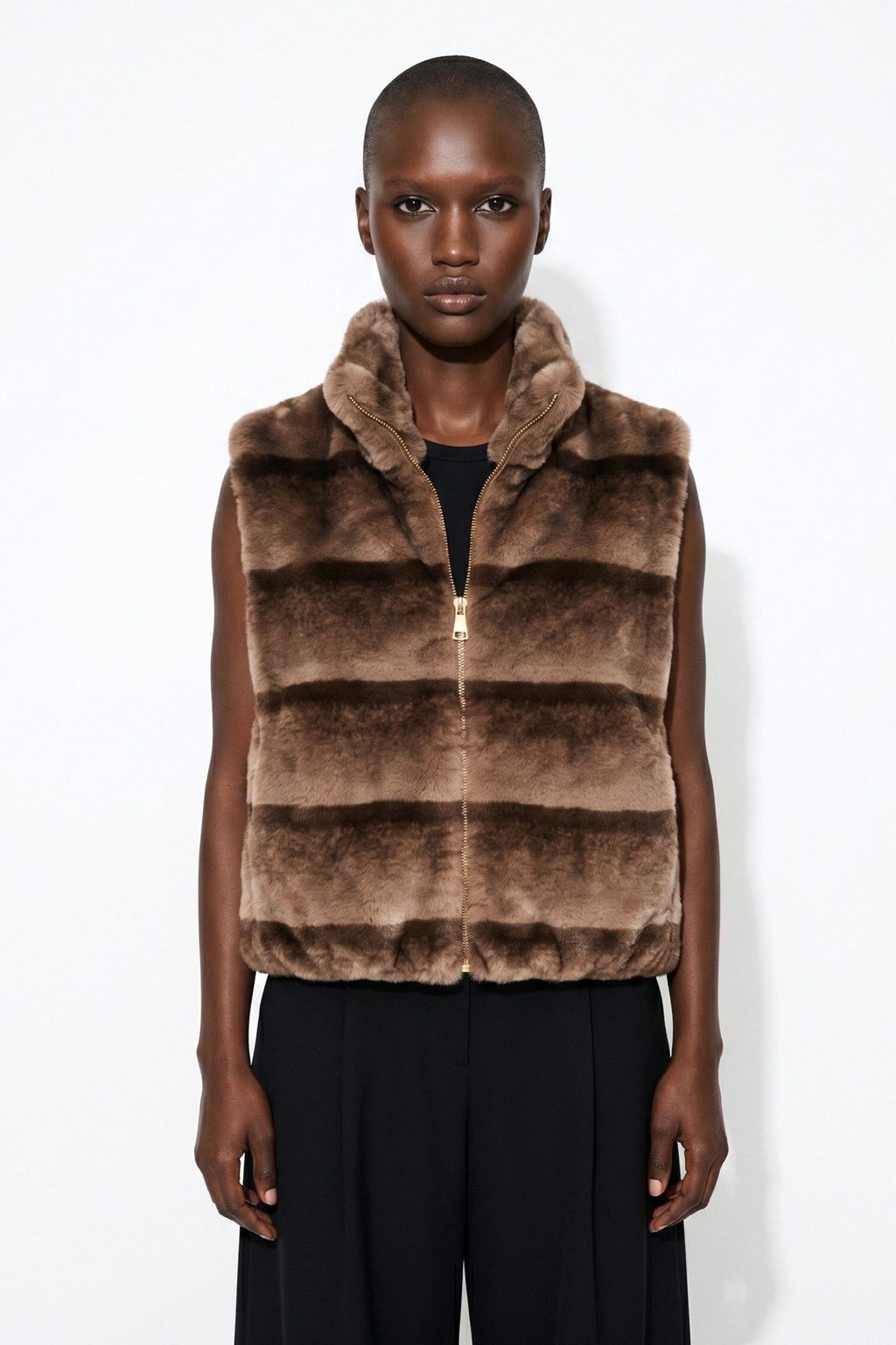 JA99 Taupe Striped Faux Fur Vest