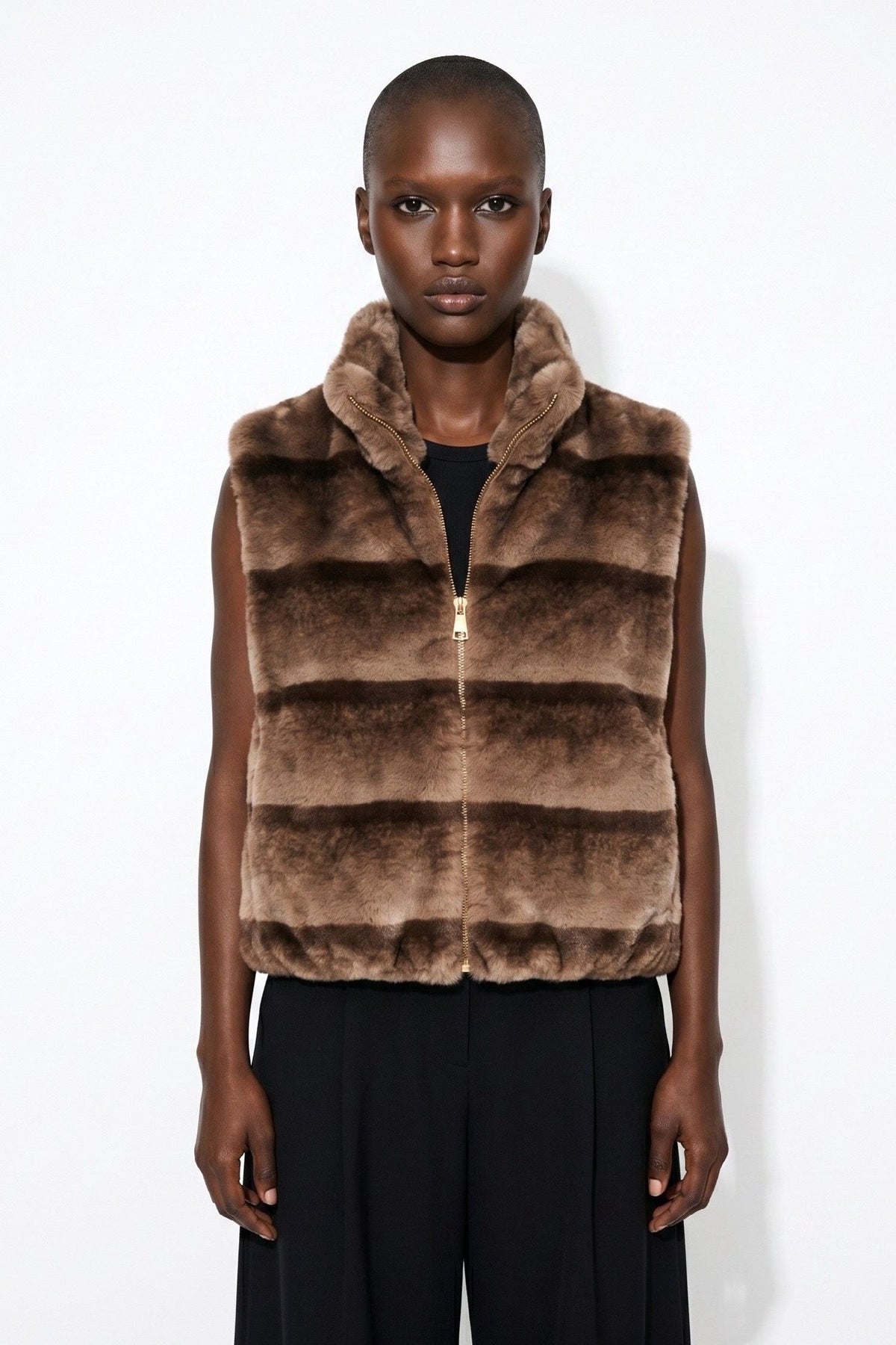 JA99 Taupe Striped Faux Fur Vest