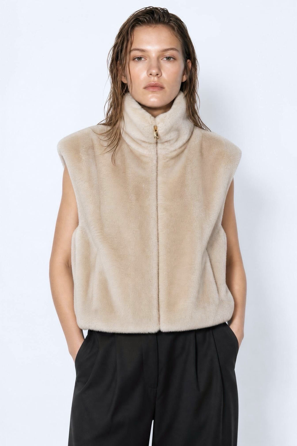 JA104 Beige Faux Mink Vest
