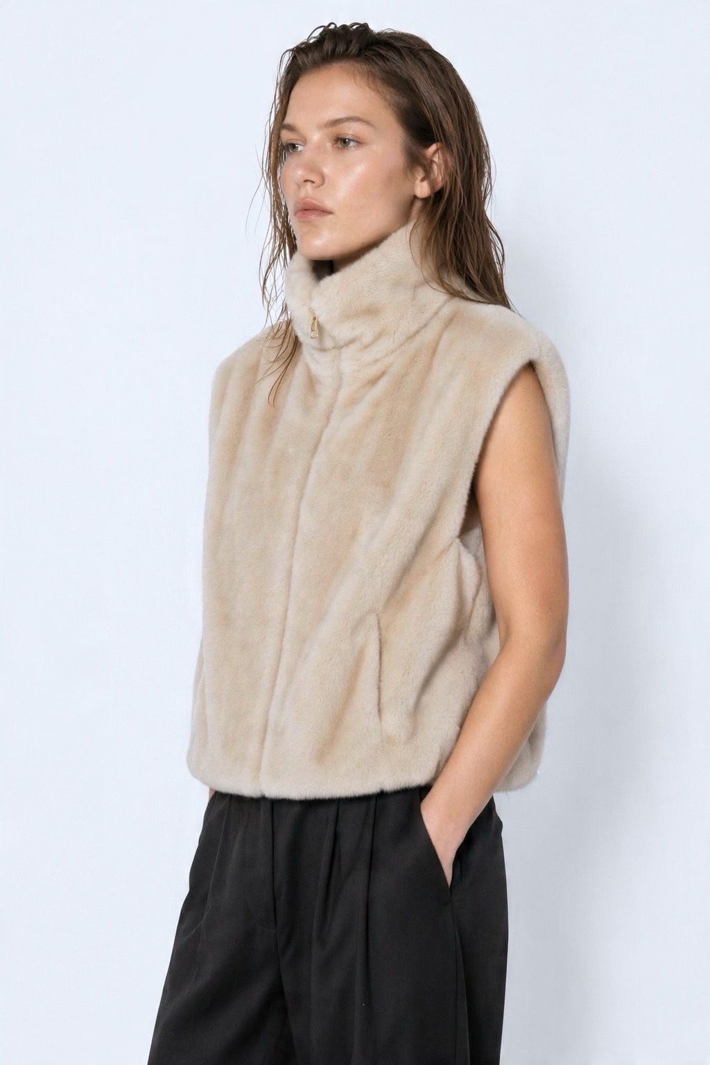 JA104 Beige Faux Mink Vest