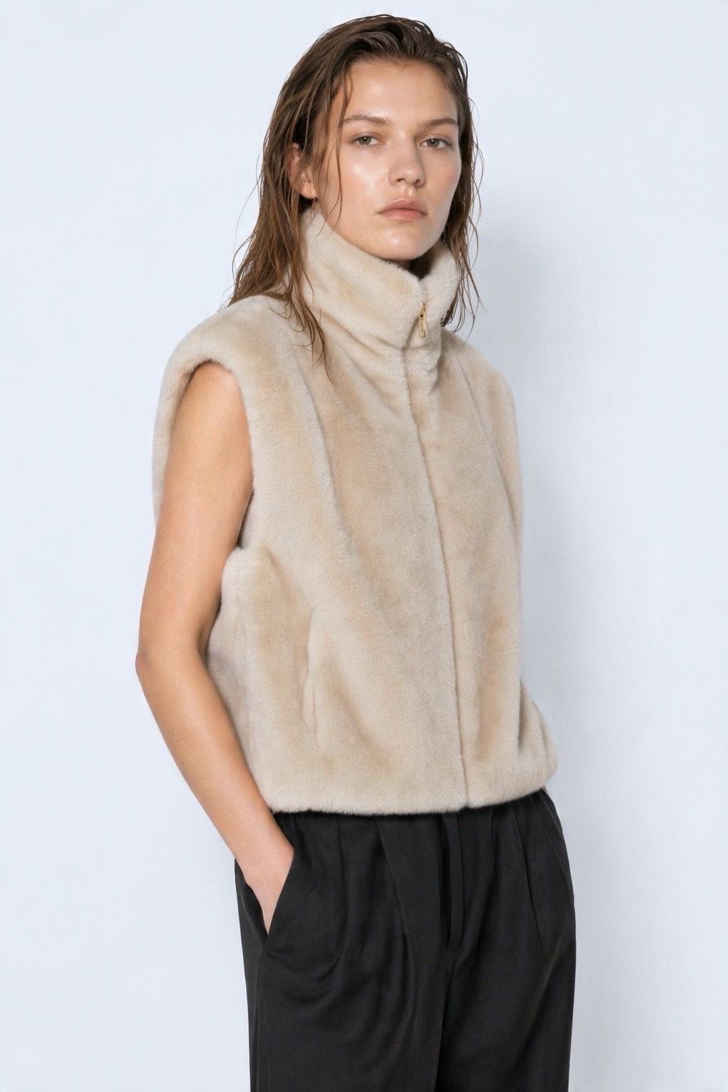 JA104 Beige Faux Mink Vest