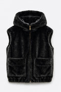 JA110 Black Hooded Faux Mink Vest