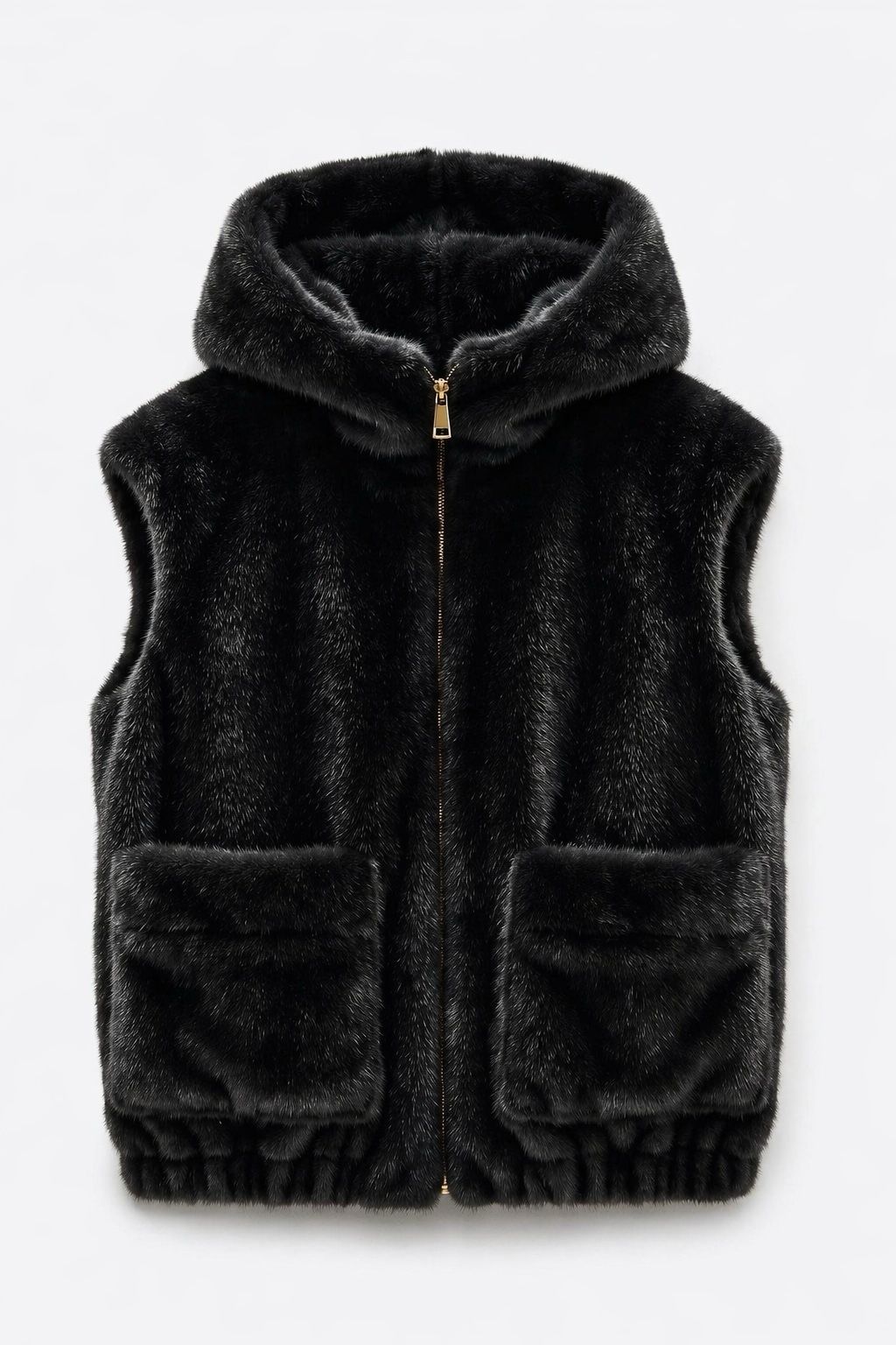 JA110 Black Hooded Faux Mink Vest