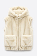 JA111 Beige Hooded Faux Mink Vest