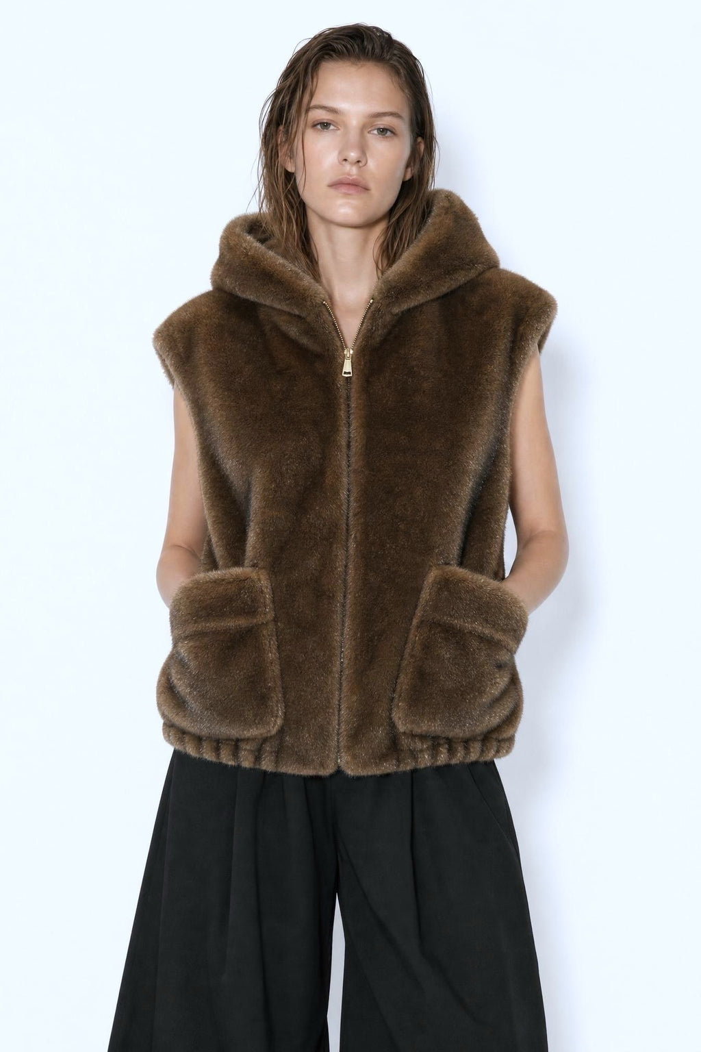 JA112 Brown Hooded Faux Mink Vest