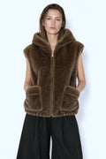 JA112 Brown Hooded Faux Mink Vest
