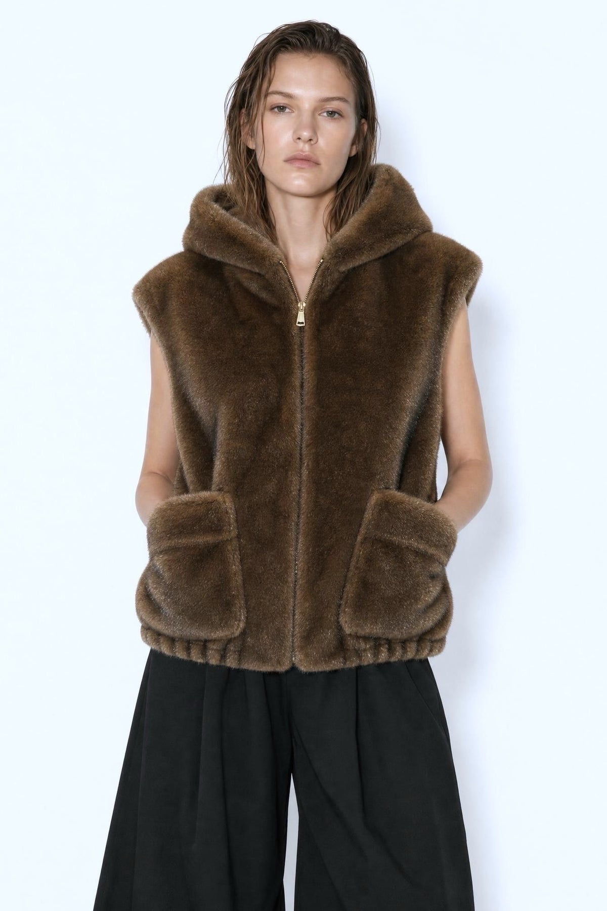 JA112 Brown Hooded Faux Mink Vest