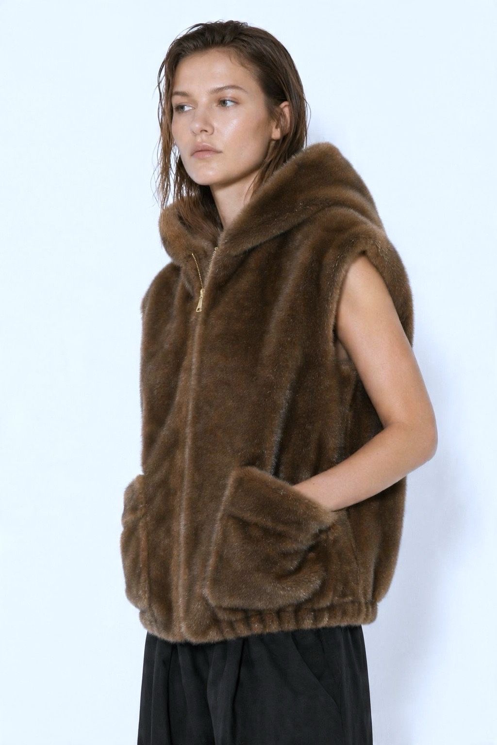 JA112 Brown Hooded Faux Mink Vest