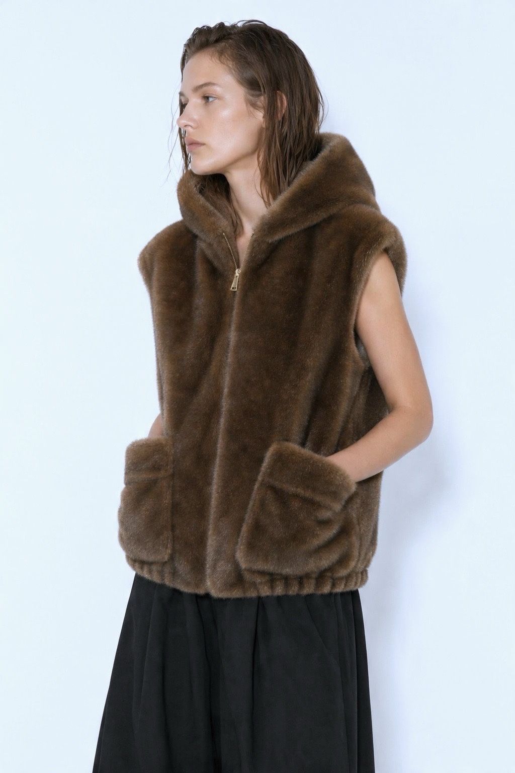 JA112 Brown Hooded Faux Mink Vest