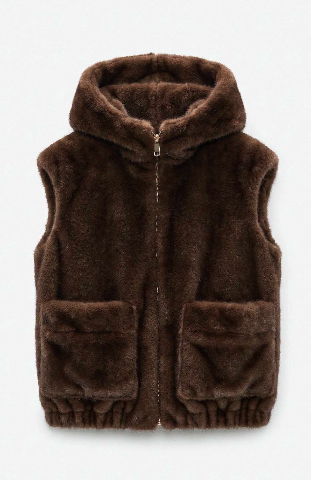 JA112 Brown Hooded Faux Mink Vest