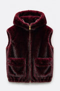 JA113 Burgundy Hooded Faux Mink Vest